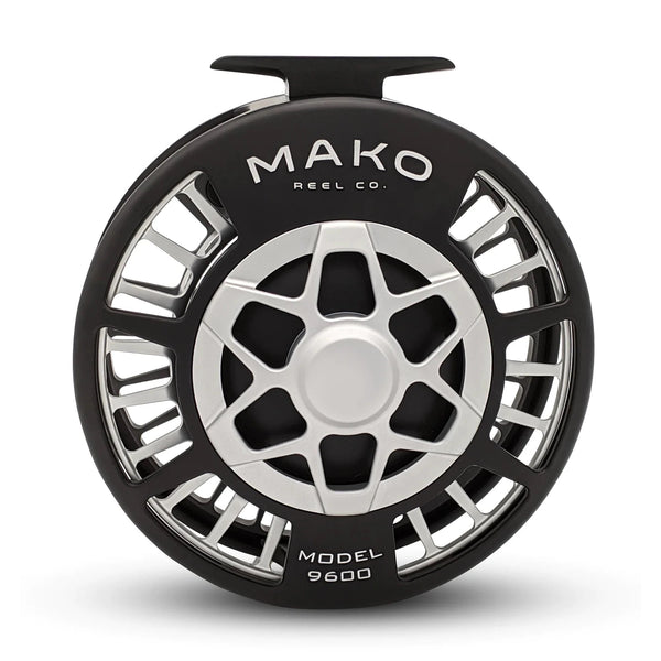 Front view of MAKO 9600B fly reel showcasing matte black face, silver ventilated spool, MAKO logo on white background