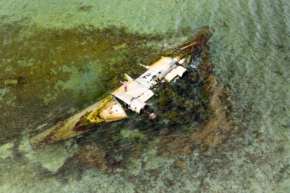 Bahamas Bonefish Fly Fishing aerial downed airplane